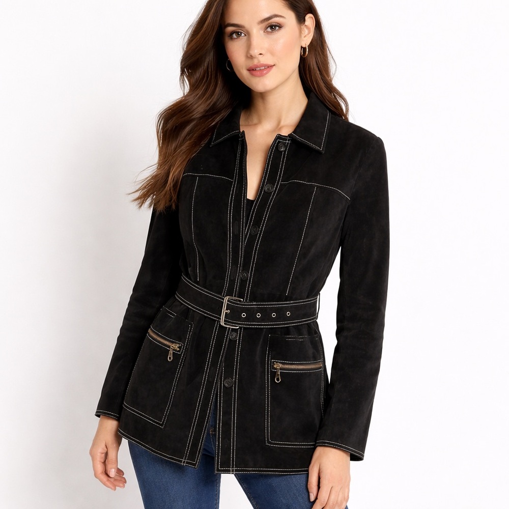 INC International Concepts 100% Leather Black  Belted Jacket Size S